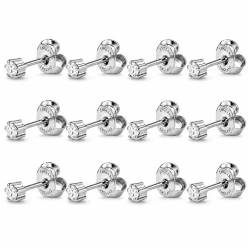 Caflon 12 Pairs April Birthstone Stud Earrings - Clear Crystal Clawset Studs, 3mm/4mm/5mm | 24K Gold Plated Stainless Steel | Hypoallergenic Nickel-Safe for Sensitive Ears | Bulk Value Pack & Gift - color: Stainless Steel, size: 4mm