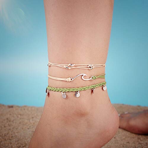 Waterproof String Anklets Cute Beaded Ankle Bracelets Beach Wave Anklet Stainless Steel Coin Boho Ankle Jewelry for Women - color: Olive