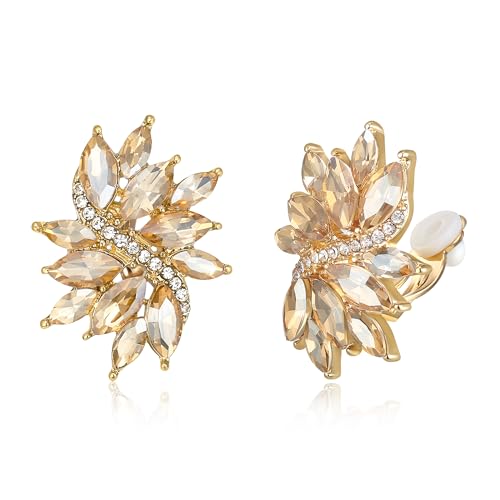 EVER FAITH Sparkly Rhinestone Clip-on Earrings for Women Bride, Fashion Marquise Crystal Cluster Wedding Bridal Stud Earring for Prom Formal Party - color: Champagne Gold-Tone