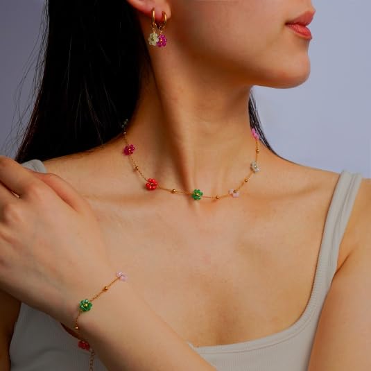 Daisy Pearl Jewelry Set for Women, 14K Gold Plated Stainless Steel Necklace Bracelet Earring 3 Piece Set, Dainty Pearl Choker Flower Necklace Birthday Gift for Her - color: Multi-color