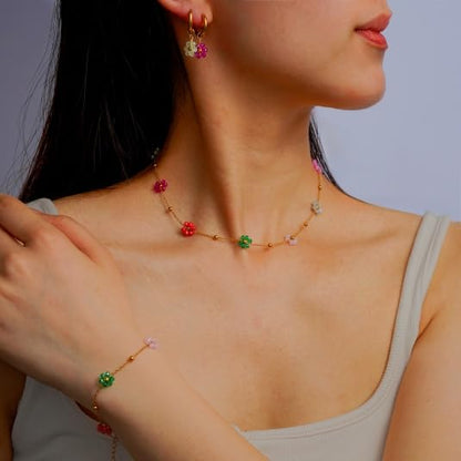 Daisy Pearl Jewelry Set for Women, 14K Gold Plated Stainless Steel Necklace Bracelet Earring 3 Piece Set, Dainty Pearl Choker Flower Necklace Birthday Gift for Her - color: Multi-color