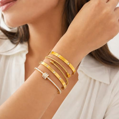 Gold Bangles for Women, 4 Pcs 18K Gold Plated Stainless Steel Stackable Bangle Bracelets, Non Tarnish CZ Bangles Set, Trendy Jewelry Gifts for Women - color: Gold-3