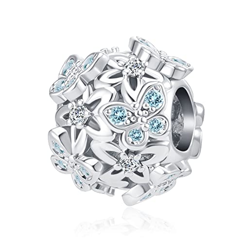 Butterfly Flower Garden Charm Magnolia Bloom Crystal Opennwork Enamel Bead for Pandora Charm Bracelet - style: Bule Flower
