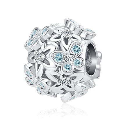 Butterfly Flower Garden Charm Magnolia Bloom Crystal Opennwork Enamel Bead for Pandora Charm Bracelet - style: Bule Flower