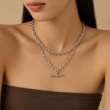 Layered Necklaces for Women Pearl Necklace Stack Gold T Bar Necklace Set Dainty Heart Pendant Jewelry Trendy 2026 Fashion Accessories Gifts - color: B4:2layered-silver