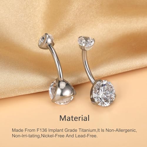 Gold Belly Button Ring, Titanium Dangle Floating Navel Piercing Jewelry - color: Silver-Round CZ-10mm