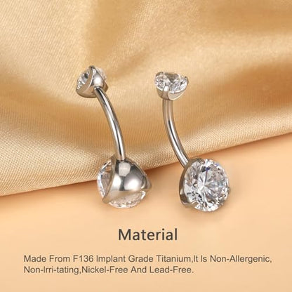 Gold Belly Button Ring, Titanium Dangle Floating Navel Piercing Jewelry - color: Silver-Round CZ-10mm