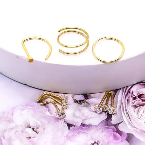 3 Pcs 14K Gold Filled Nose Studs 20G Stainless Steel Stud Nose Ring 2mm/2.5mm/3mm Round CZ L Bend Nose Stud Hypoallergenic Nose Piercing - color: gold hoop stud 10