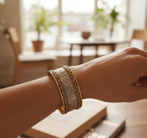 Touchstone Indian Bollywood Handcrafted Slip In Easy To Wear Stylish Wrist Enhancer Designer Broad Jewelry Cuff Bracelet For Women and Men. - style: Braided two tone floral 1