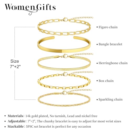 Dainty Gold Bracelet for Women Trendy Non Tarnish, Thin Bracelets Stackable Set with Bangle Cuff, Box, Herringbone, Paperclip, Figaro, Sparkling Link Chains Waterproof, Simple Jewelry Gifts for Women - color: style 03-gold