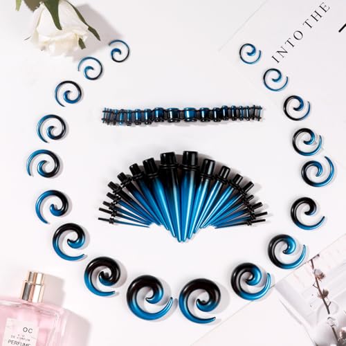 54/102Pcs Ear Stretching Kit 14G-00G Acrylic Ear Gauge Stretching Kit with Heart Plugs Gauge Tapers Ear Tunnels Horseshoes Taper Spiral Tapers Gauges Ear Expanders for Men Women - color: Black & Blue