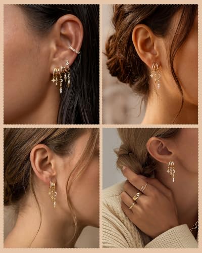 Dangle Gold Earrings for Women Trendy Triple Huggie Chain Earrings 14K Gold Plated Statement Cute Drop Dangle Earrings Dainty Hypoallergenic Chunky Hoop Earrings Fun Earring Stacks Jewelry - color: B-Star Moon Earrings