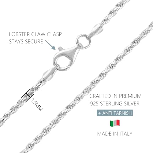 KISPER 925 Sterling Silver Rope Chain Necklace for Women 1.6mm Diamond Cut | Made in Italy, 16-30 inches, anti-tarnish, hypoallergenic, nickel-free, waterproof, lobster clasp