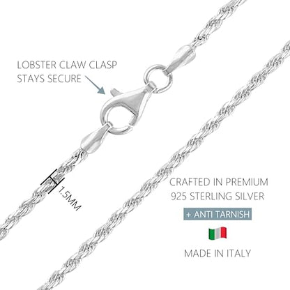 KISPER 925 Sterling Silver Rope Chain Necklace for Women 1.6mm Diamond Cut | Made in Italy, 16-30 inches, anti-tarnish, hypoallergenic, nickel-free, waterproof, lobster clasp