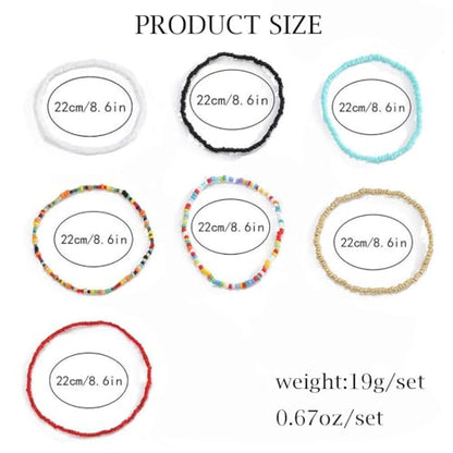 Boho Handmade Beaded African Anklets Multicolor Women Stretch Seed Beads Rainbow Ankle Bracelets Glass Bead Bracelet Elastic Foot and Hand Chain Jewelry (7PCS)