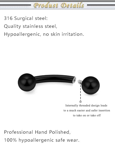 Internally Threaded Eyebrow Piercing Jewelry Surgical Steel Tiny Eyebrow Rings Vertical Labret Lip Jewelry Small Ear Rook Earring for Women Men 18g 16g 14g Plus Piercing Ball Grabber Tool - color: black, size: 18g,ball end