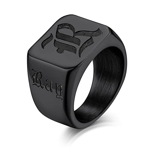KeyStyle Custom Signet Rings for Men, Stainless Steel Personalized Engraved Pinky Ring for Women, Cool Ring Biker Rings Gifts for Father Husband Mother Grandfather(Size 7-14) - color: Black, size: 10, style: Square