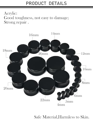 6G-26mm Acrylic Plastic Ear Gauges Tunnels Stretching Kit Double Flared Plugs Tunnels Expanders Stretcher Saddle Gauges Earrings for Men Women Black White Clear - color: Black 6G-26mm