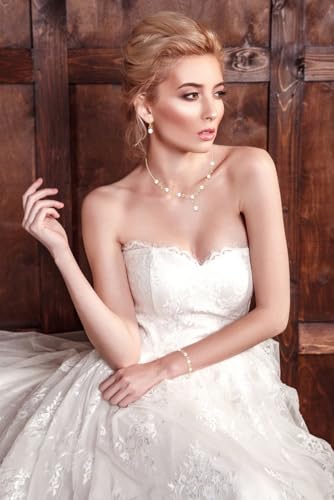 Jewelry Set for Women Bride Bridesmaid Wedding Party Prom Necklace Earrings Bracelet Set Gift for Mother Wife Friend - color: Pearl-Gold-White