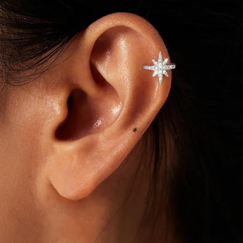 Star 14K Gold Plated Ear Cuff Earrings for Women Non Piercing, Dainty Silver Plated Clip on Cartilage Ear Cuff Non Pierced Trendy CZ Northstar Starburst Sparkling Climber Clawer Earring Jewelry - style: Starburst-Silver