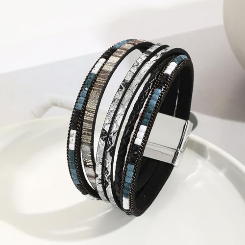 Fesciory Leather Wrap Bracelets for Women, Boho Western Layered Jewelry | Layered leather cuff bracelets, Easy on and off, Boho western style, Daily wear, Gift for women - color: Black 1