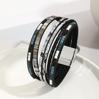 Fesciory Leather Wrap Bracelets for Women, Boho Western Layered Jewelry | Layered leather cuff bracelets, Easy on and off, Boho western style, Daily wear, Gift for women - color: Black 1