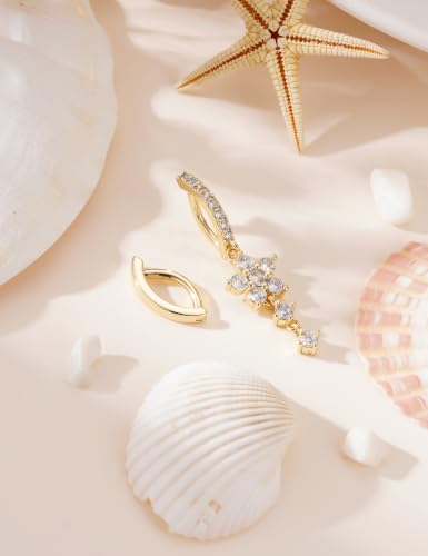 Apsvo 2Pcs Belly Button Ring for Women Surgical Steel CZ Clicker Belly Rings Hoop Teardrop Heart Dangle Belly Button Piercing Simple Reverse Navel Piercing Jewelry 14G - color: Gold-Flower