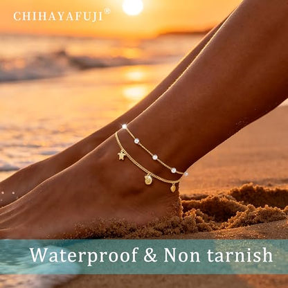 Sterling Silver Ankle Bracelets for Women 14k Gold Plated Waterproof Dainty Layered Stackable Seashell Pearl Charm Non Tarnish Adjustable Anklet for Summer Beach Jewelry Gift - color: gold1