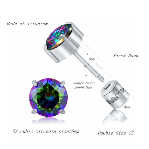 Titanium Flat Back Surgical Stainless Steel Stud Earrings for Women Men,Birthstone Stud Earrings Hypoallergenic Double Side 5A Cubic Zirconia Studs Jewelry 6mm - color: Silvery-Rainbow Cz