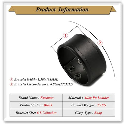 Xusamss Wide Leather Cuff Bracelet for Women Adjustable Punk Wristband Faux Leather Fashion Jewelry Bangle - color: Black