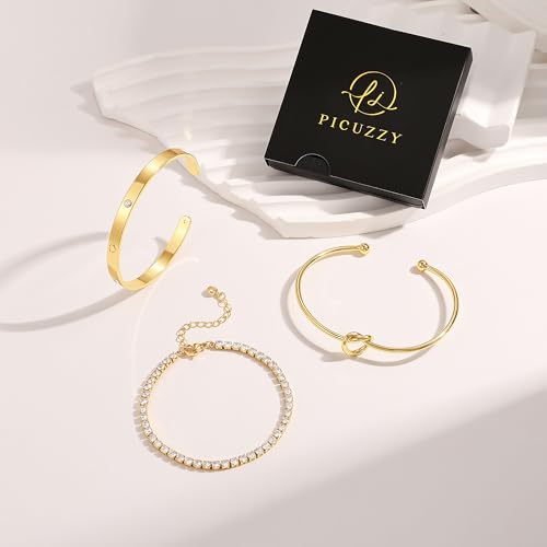 14K Gold Plated Stackable Bangle Bracelets for Women | Dainty Cuff Bracelets, Stackable for Women, Waterproof Bracelet Stack, Gold Jewelry Gifts Trendy Adjustable Accessories - color: 3-layer-A-Gold