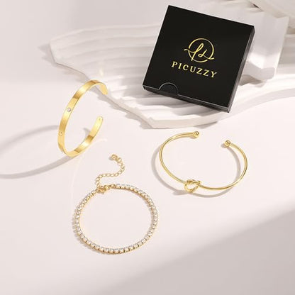 14K Gold Plated Stackable Bangle Bracelets for Women | Dainty Cuff Bracelets, Stackable for Women, Waterproof Bracelet Stack, Gold Jewelry Gifts Trendy Adjustable Accessories - color: 3-layer-A-Gold