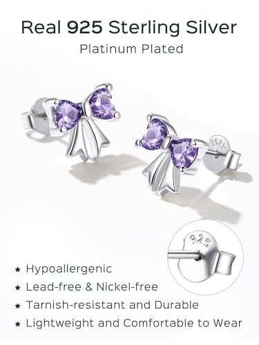 ChicSilver 925 Sterling Silver Bow/Butterfly Earrings for Women Hypoallergenic Birthstone Earrings Dainty Bow/Butterfly Jewelry Gift for Women - color: Bow-June-Alexandrite