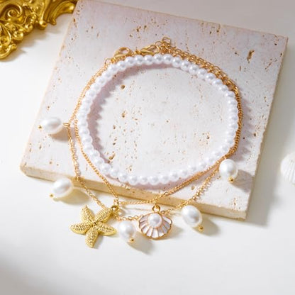 Boho Shell Ankle Bracelet Set for Women Gold Plated Adjustable Anklet Beach Inspired Foot Jewelry with Starfish & Pearl Charms - color: C