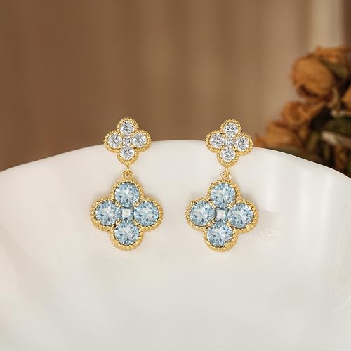 MTMY Dangle Earrings for Women 14K Gold Plated Four Leaf Clover Dangling Drop Birthstone Stud Earrings Trendy Flower Birthstone Jewelry Birthday Gifts - style: Mar.-Aquamarine