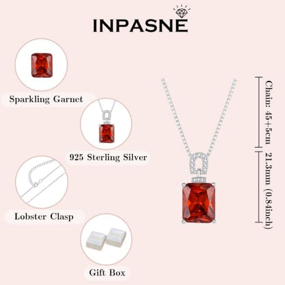 Emerald Cut Birthstone Necklace for Women 925 Sterling Silver | Baguette Birthstone Pendant Necklace, Jewelry for Mom Wife - color: Deep Red