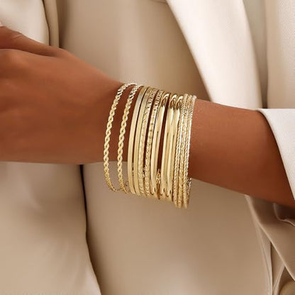 Gold Bangles for Women, 12 Pcs Boho Stackable Bracelets Multi Layer Textured Chunky Bracelets Jewelry Set for Women - color: Style A- 12 pcs gold