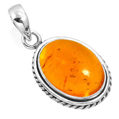 Chunky Natural Gemstone Pendant Necklace For Women Onyx, Turquoise, Amber, Garnet Oval Boho Genuine 925 Sterling Silver Handmade Jewelry - color: Amber