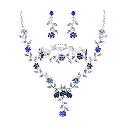 Women's Wedding Jewelry Set for Bride,Prom Bridal Accessories | Bling Crystal,Flower Leaf Cluster,Dangle Earrings Pendant Necklace Set,for Bridesmaid,Party Jewellery - color: 3Pcs-Blue Silver-Tone