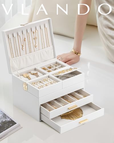 VLANDO Jewelry Box,4-Layer Design with Retractable Tray and 2 Drawers, White - color: D.White, size: 4-Layer
