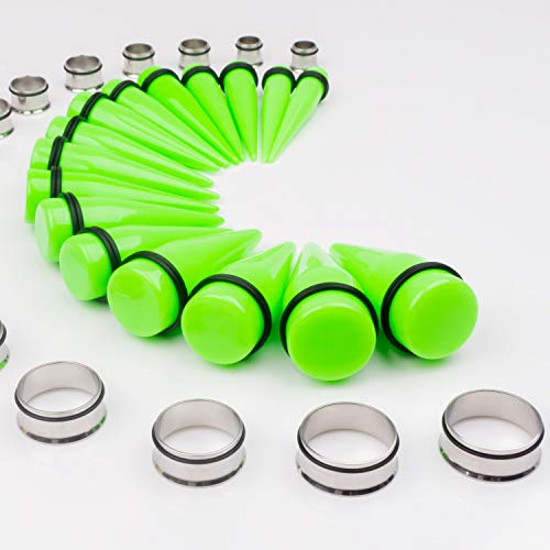 32 PCS 00G - 24mm Ear Taper Kit Gauge Stretching Kit | Hypoallergenic surgical Stainless steel Tapers Tunnels Plugs, body piercing jewelry for women and men - color: Green