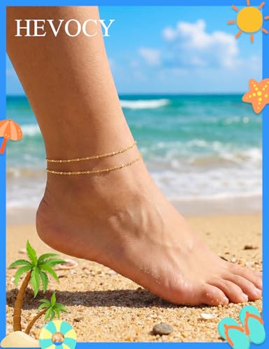 Gold Anklet Set for Women, Layered Beach Anklets | Layered gold-tone ankle bracelets, designed for beach days, vacations, and summer wear - style: Gold Anklet 1