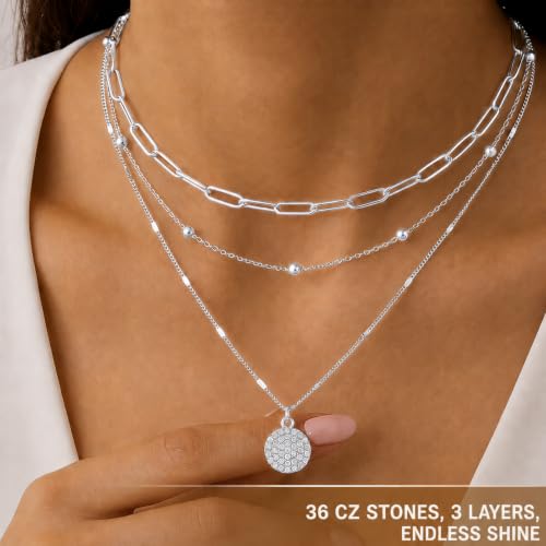 Layered Necklaces for Women, 3 Piece Gold Necklace Set | Paperclip, Satellite & CZ Pendant Chains; 14K Gold Plated Silver Stainless Steel Necklace; Hypoallergenic Non Tarnish Jewelry - color: Silver