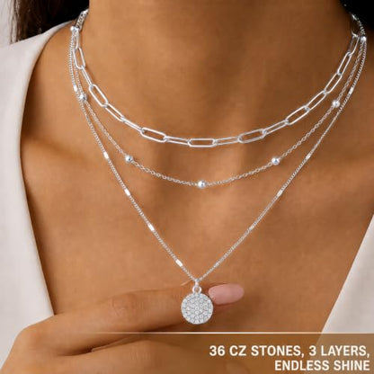 Layered Necklaces for Women, 3 Piece Gold Necklace Set | Paperclip, Satellite & CZ Pendant Chains; 14K Gold Plated Silver Stainless Steel Necklace; Hypoallergenic Non Tarnish Jewelry - color: Silver