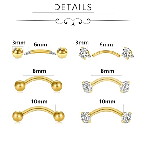 Zolure Eyebrow Piercing Jewelry Curved Barbell Stianless Steel Tiny Eyebrow Ring Daith Rook Earrings Vertical Labret Lip Jewelrys Ear Helix Conch for Women Men 16g 6mm/8mm/10mm - color: 16G 6mm/8mm/10mm #1G