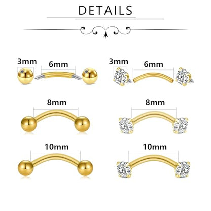 Zolure Eyebrow Piercing Jewelry Curved Barbell Stianless Steel Tiny Eyebrow Ring Daith Rook Earrings Vertical Labret Lip Jewelrys Ear Helix Conch for Women Men 16g 6mm/8mm/10mm - color: 16G 6mm/8mm/10mm #1G