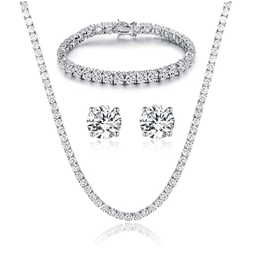 18K White Gold Plated Tennis Necklace/Bracelet/Earrings Sets Pack of 3 - style: 3.0mm with 7In bracelet&18In necklace