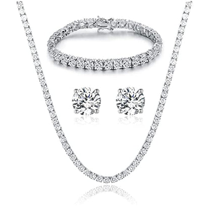 18K White Gold Plated Tennis Necklace/Bracelet/Earrings Sets Pack of 3 - style: 3.0mm with 7In bracelet&18In necklace