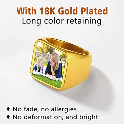 FindChic Customized Signet Photo Rings Square/Heart/Round Chunky Band Ring Stainless Steel/18K Gold Plated/Black Size 7 to 14 Personalized Jewelry for Men Women, Send Gift Box - color: 01. square-no stones (gold)