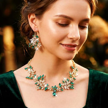 Green Rhinestone Indian Jewelry Set Gold Bridal Wedding Necklace and Earrings Sets Prom Costume Jewelry for Women and Brides - color: Gold Green
